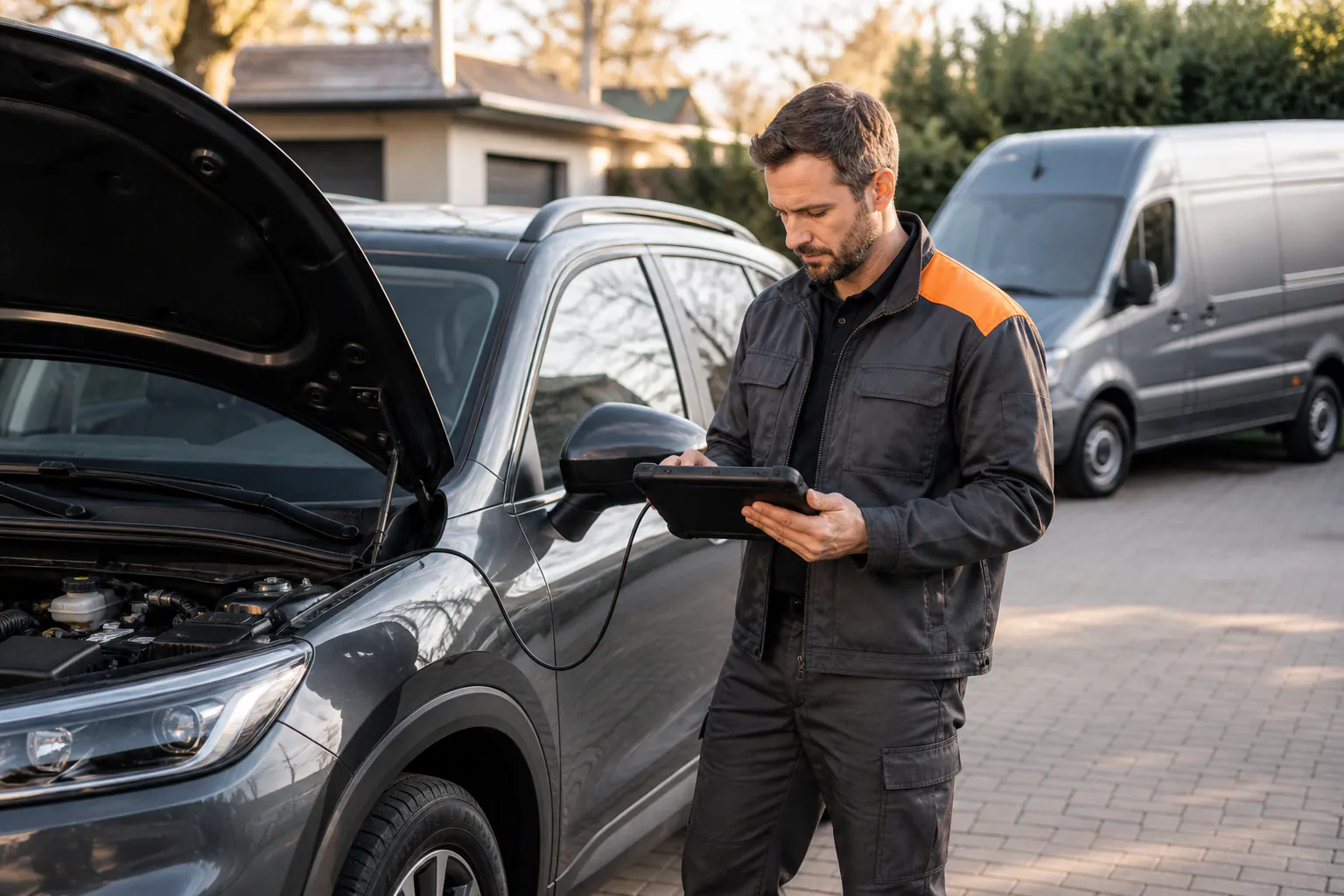 A mechanic reviewing vehicle data with a diagnostic tablet.