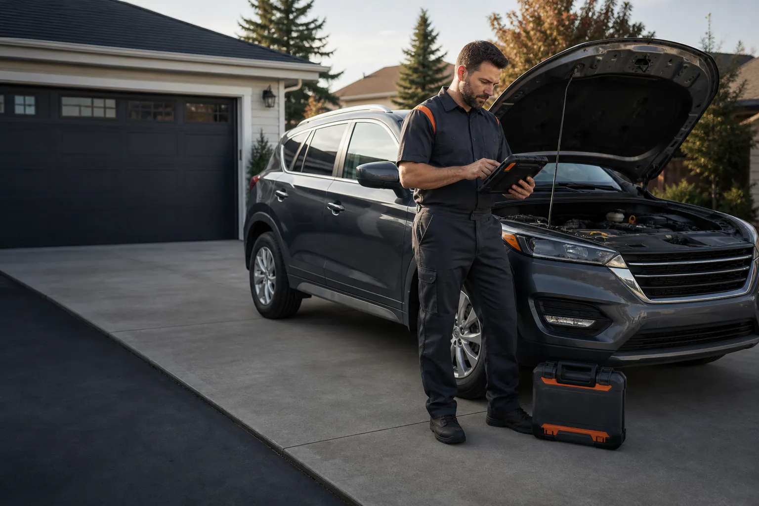 A mobile mechanic reviewing diagnostic information beside an SUV parked safely on a driveway.