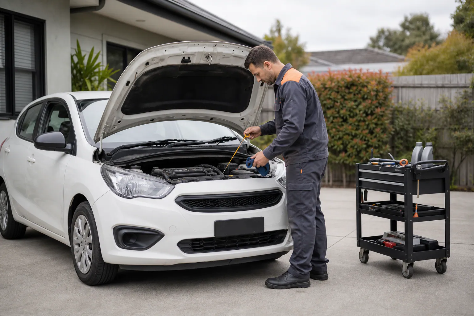 A scheduled maintenance visit on a safe residential driveway.